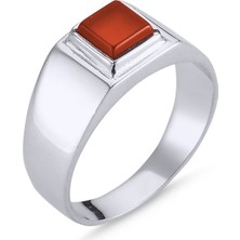 Gümüş Takı Dünyası Rodyum Kaplama Kırmızı Akik Taşlı Gümüş Erkek Yüzük