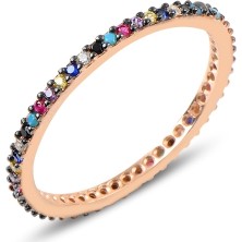 Gümüş Takı Dünyası Rose Kaplama Tek Sıra Karışık Zirkon Taşlı Ince Tamtur Gümüş Kadın Yüzük