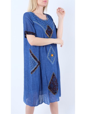 Cotton Mood 21125139 Yıkamalı Dantel Garnili Aplikeli Elbise Mavi