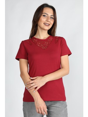 Balins Yaka Dantel Detaylı Süprem Tişört Bordo