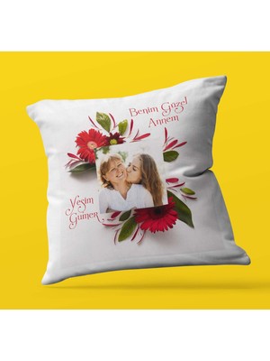 Armağan Zengini Kişiye Özel Çiçek Çerçeveli Fotoğraf 2 Temalı | Saten Kare Yastık