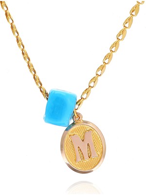 Prenses Pırlanta Kadın 14 Ayar Altın Pullu Zincir Firuze Taşlı Harfli Kolye
