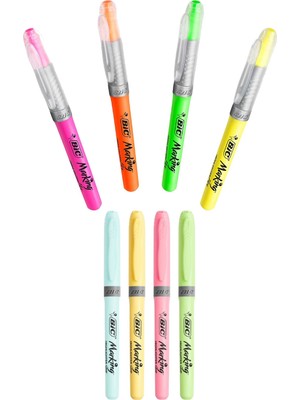 Bic Grip Pastel Fosforlu Kalem 4'lü + Flex Fosforlu Kalem Canlı Renkler 4'lü