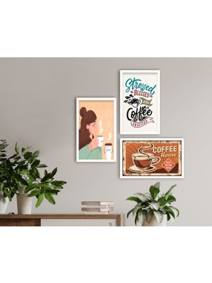Bk Gift Coffee Tasarımlı Dekoratif 3’lü Ahşap Beyaz Çerçeveli Tablo-11