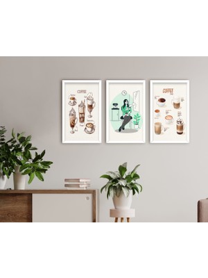 Bk Gift Coffee Tasarımlı Dekoratif 3’lü Ahşap Beyaz Çerçeveli Tablo-9