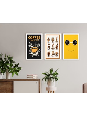 Bk Gift Coffee Tasarımlı Dekoratif 3’lü Ahşap Beyaz Çerçeveli Tablo-2