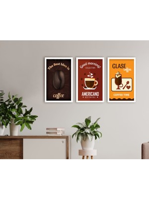 Bk Gift Coffee Tasarımlı Dekoratif 3’lü Ahşap Beyaz Çerçeveli Tablo-3