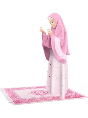 Oulabi Mir Kız Çocuk Namaz Elbisesi 3 Parçalı Seccadeli Renkli Yıldız Baskılı