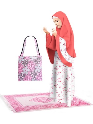Oulabi Mir Kız Çocuk Namaz Elbisesi 4 Parçalı Seccadeli ve Çantalı Eteği Kelebek Baskılı