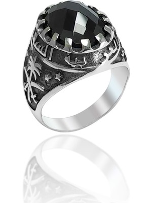 Midyat Nurtaş Gümüş Siyah Zirkon Taşlı Palmiye Desenli Erkek Gümüş Yüzük