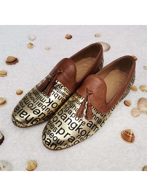 Cassido Shoes Deri Özel Renkli Çiçek Desenli Püsküllü Keten Ayakkabı Kemer Hediyeli