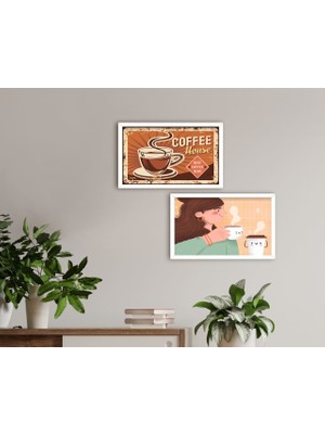 Bk Gift Coffee Tasarımlı Dekoratif 2'li Ahşap Beyaz Çerçeveli Tablo-11