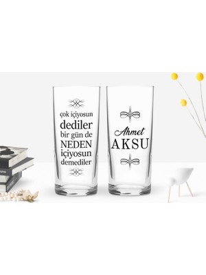 Bk Kişiye Özel Renkli Baskılı Çok İçiyorsun Dediler Tasarımlı 2'li Rakı Bardağı Seti-1