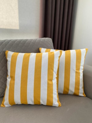 Lia Store Çift Tarafı Baskılı Sarı Beyaz Çizgili Dekoratif 2'li Kırlent Kılıfı Seti