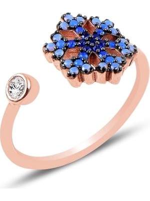 Gümüş Takı Dünyası Rose Kaplama Nano Mavi Tonlama Taşlı Ayarlanabilir Kar Tanesi Gümüş Kadın Yüzük