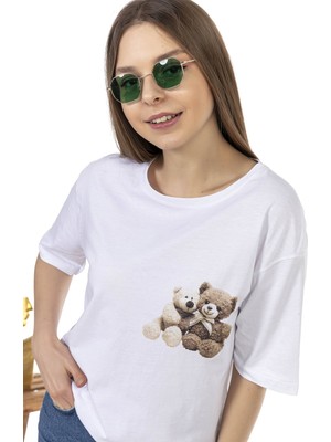 Qivi Kadın Oversize Bear Couple Baskılı Tshirt