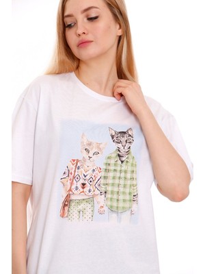 Qivi Kadın Oversize Cat Couple Baskılı Tshirt