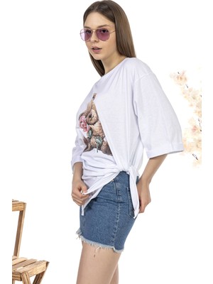 Qivi Kadın Oversize Bear Baskılı Tshirt