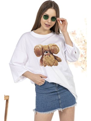 Qivi Kadın Oversize Falling Bear Baskılı Tshirt