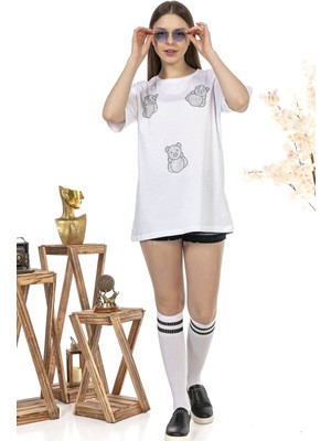 Qivi Kadın Oversize Taş Işlemeli Minik Ayıcık Baskılı Tshirt