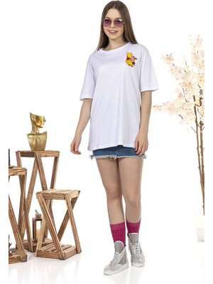 Qivi Kadın Oversize Nakış Işlemeli Ayıcık Baskılı Tshirt