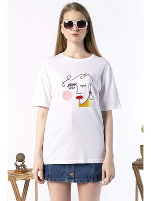 Qivi Kadın Oversize Nakış Işlemeli Silhouette Baskılı Tshirt