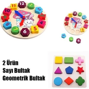 Wooden Toys  Eğitici Ahşap Oyuncaklar 2in1 Set Tavşanlı Bultak Saat+Geometrik Bul Tak