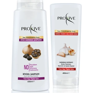 Tuzsuz Parabensiz Silikonsuz Boyasız Siyah Sarımsak Şampuanı 650 ml + Proxive Anında Onarıcı Saç Kremi 400 ml