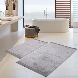 Bonny Home Nova Gri 2'li Pamuk Kaymaz Tabanlı Banyo Halısı Paspası Seti Püsküllü Klozet Takımı