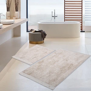 Bonny Home Nova Krem 2'li Pamuk Kaymaz Tabanlı Banyo Halısı Paspası Seti Püsküllü Klozet Takımı