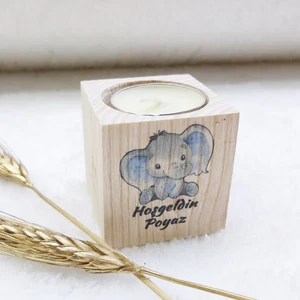 Hayaller Dükkanı 30 Adet Ahşap Mumluk Erkek Bebek Şekeri Fil Uv Baskılı Kalp Desen 5x5