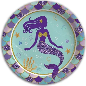 Süsle Bebek ve Parti Pırıltılı Deniz Kızı Karton Tabak - 23cm x 8 Adet