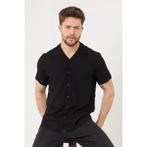 Erkek Slim Fit Keten Apaş Yaka Kısa Kollu Gömlek Siyah