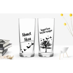 Bk Kişiye Özel Renkli Baskılı Hayat Kısa Kuşlar Uçuyor Tasarımlı 2'li Rakı Bardağı Seti-1