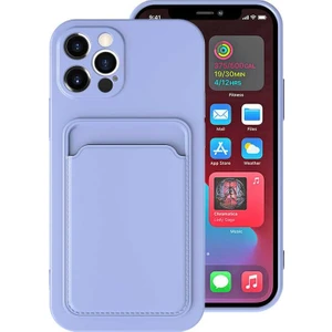 Apple iPhone 12 Pro Max Kılıf ​​kartlıklı Silikon Dikişli Deri Görünüm Lila