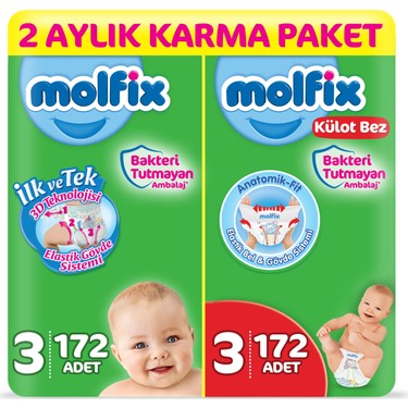 molfix 3d bebek bezi 3 beden midi 172 adet molfix kulot fiyati