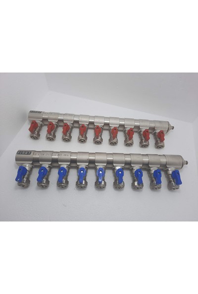 Fırat 1" Mini Küresel Vanalı Kollektör 9 Çıkışlı 2'li Takım (1 Kırmızı+1 Mavi)