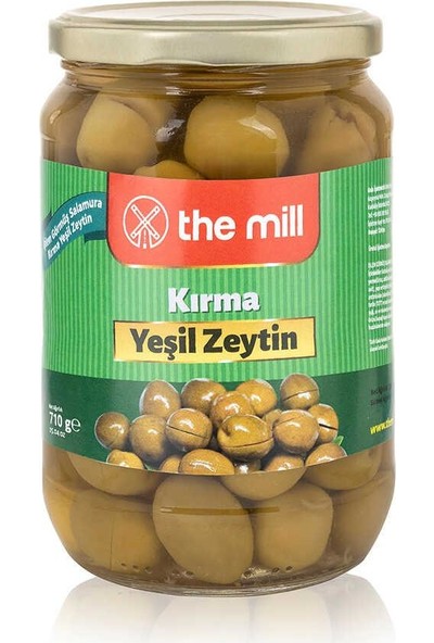The Mill Kırma Yeşil Zeytin 710 gr. Cam Kavanoz - 4XL (141-160 adet/kg) - Çekirdekli - Salamura - Veganlara Uygun