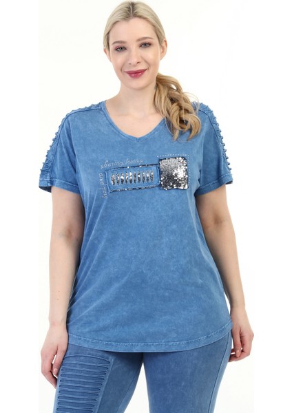 Kadın Büyük Beden Kısa Kol Ön Taşlı T-Shirt