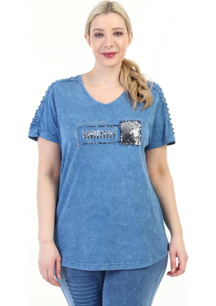 Kadın Büyük Beden Kısa Kol Ön Taşlı T-Shirt