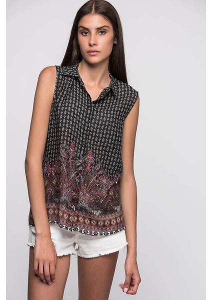 7271404 Viskon Şal Desenli Kolsuz Gömlek