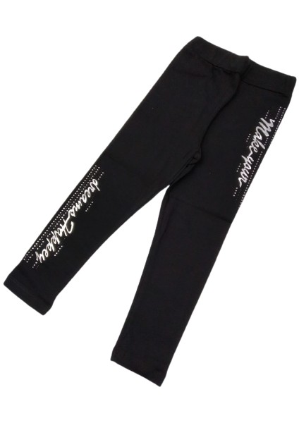 Kız Çocuk Hologram Yazılı Şerit ve Taş Baskılı Ince Yazlık Uzun Tayt