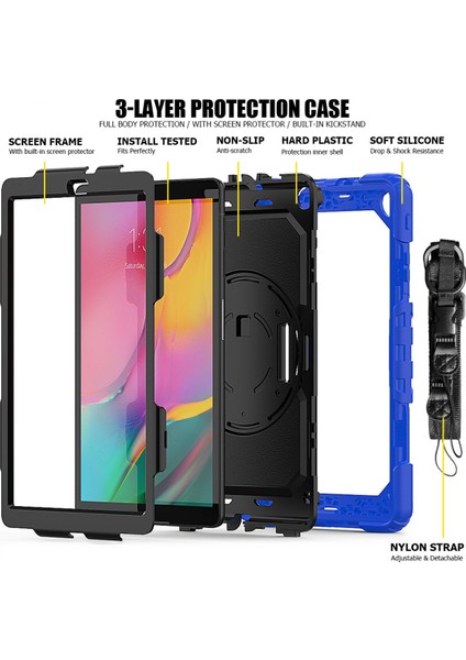 Samsung Galaxy Tab A 10.1 T510 Kılıf T515 T517 Defender Standlı Askılı Tank Zırhlı Case Mavi