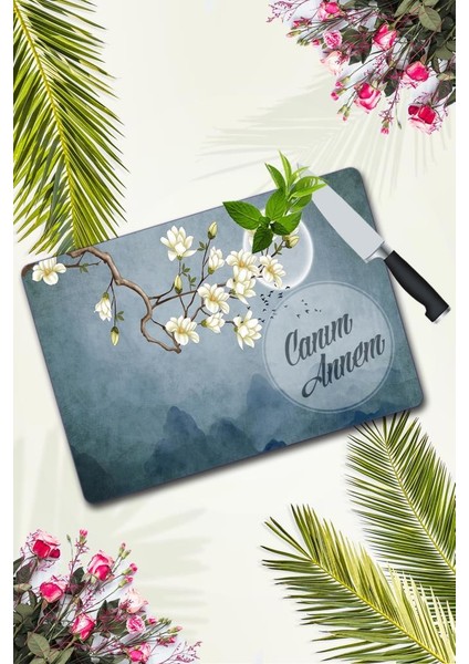 Canım Annem Ay & Çiçekler Beyaz Cam Kesme Tahtası 30 x 40 cm