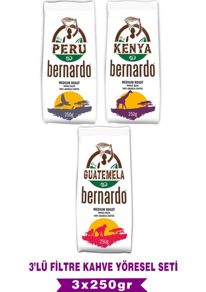 Filtre Kahve Yöresel Set 3X250 gr (Peru-Kenya-Guatemala)