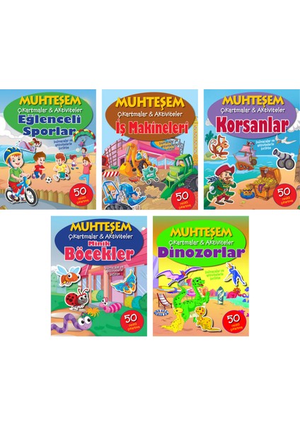Muhteşem Çıkartmalar ve Aktiviteler Serisi 5 Kitap - Eğlenceli Sporlar+Iş Makineleri+Korsanlar+Minik Böcekler+Dinozorlar - 3+ Yaş - Okul Öncesi Set - Çıkartma - Etkinlik