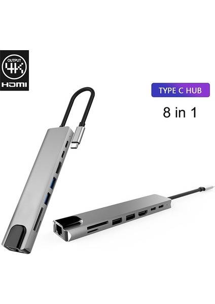 8 Port USB 3.0 Type-C HDMI 3xusb+2 Pd) RJ45 Hub Adaptör Çoklayıcı Tf Sd Kart