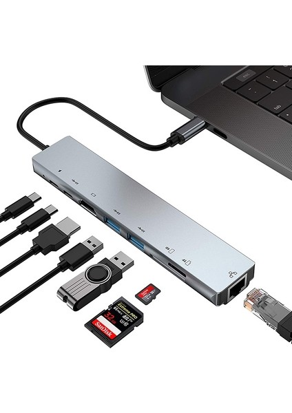 8 Port USB 3.0 Type-C HDMI 3xusb+2 Pd) RJ45 Hub Adaptör Çoklayıcı Tf Sd Kart