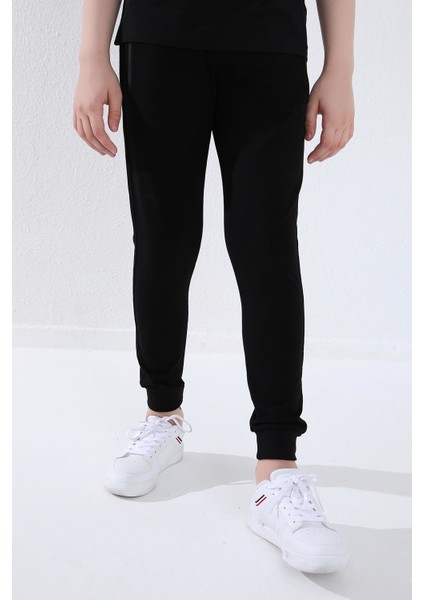Siyah Erkek Çocuk Jogger Fermuarlı Cep Standart Kalıp Manşetli Eşofman Alt - 64042