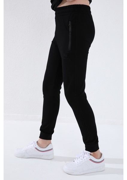 Siyah Erkek Çocuk Jogger Fermuarlı Cep Standart Kalıp Manşetli Eşofman Alt - 64042